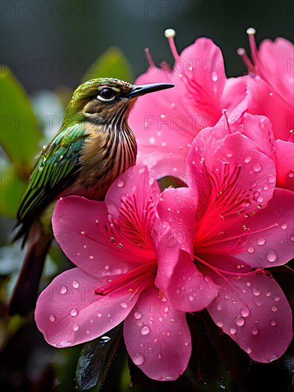 Pink azalea flowers with raindrops and a vibrant green bird in springtime, AI generated