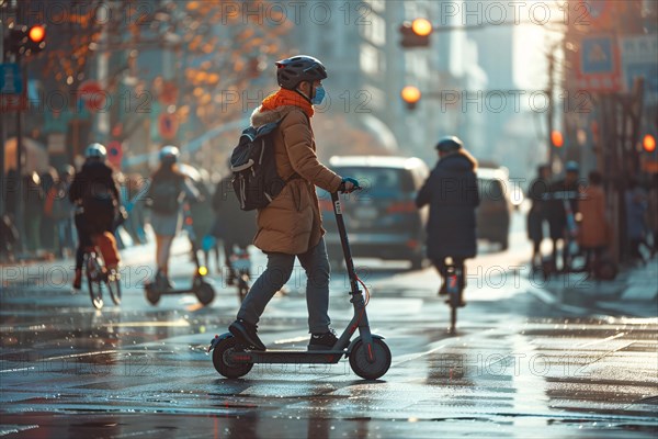 Commuter riding an electric scooter on a city street with morning backlight, urban transportation scene, AI generated