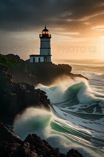 Lighthouse nestled against a vast ocean with waves rhythmically crashed onto the rocky shoreline, AI generated