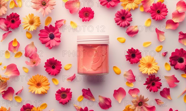 Creme jar blank mockup adorned with flower petals in various hues AI generated