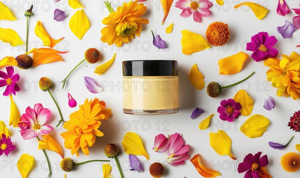 Creme jar blank mockup adorned with flower petals in various hues AI generated