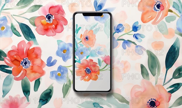 Smartphone mockup on watercolor floral patter AI generated