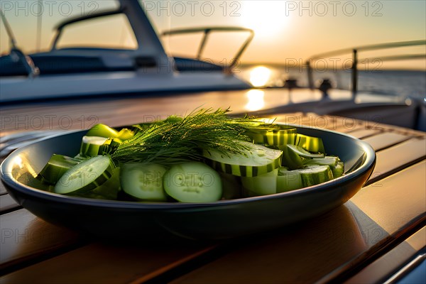Cucumber and dill salad arranged on yacht deck dawns early morning light casting a soft glow, AI generated