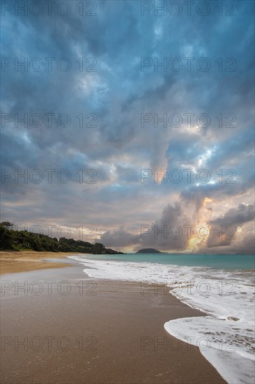 Lonely, wide sandy beach with turquoise-coloured sea. Tropical plants in a bay at sunset in the Caribbean. Plage de Cluny, Basse Terre, Guadeloupe, French Antilles, North America