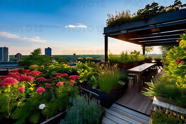 Urban rooftop garden brimming with verdant plants blossoming flowers embodying a sustainable city, AI generated