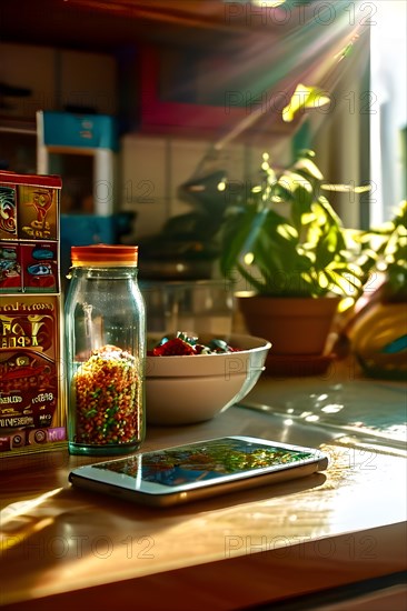 90s kitchen bathed in sunlight transparent smartphone resting on the counter among vibrant cereal boxes, AI generated