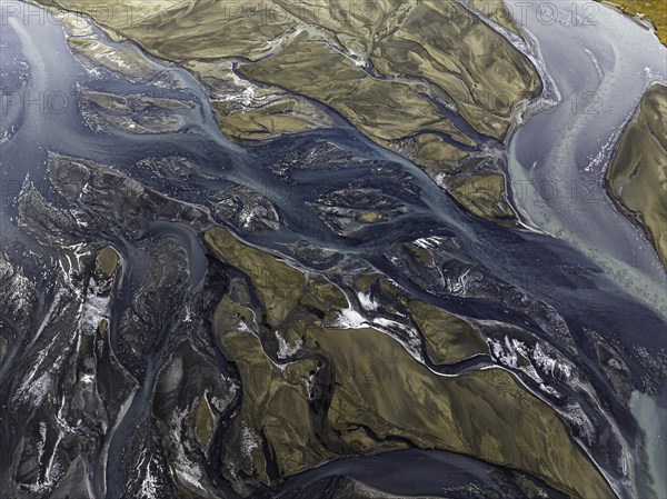 Overgrown river landscape, Eldhraun, near Kirkjubaejarklaustur, drone image, Sudurland, Iceland, Europe