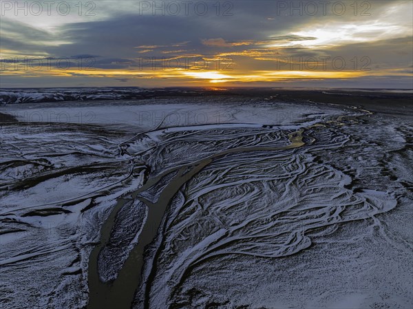 Overgrown river landscape, onset of winter, sunset, Fjallabak Nature Reserve, drone shot, Sudurland, Iceland, Europe