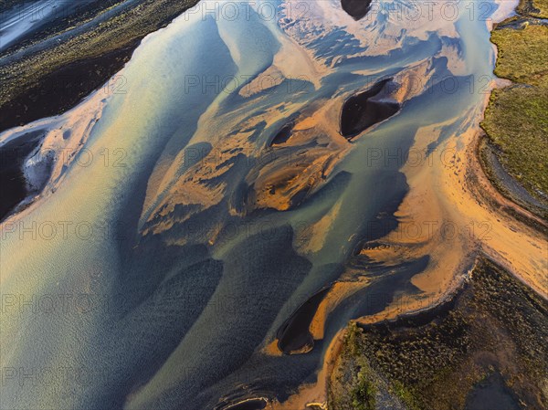 Overgrown mineralised river landscape, drone image, Landeyjasandur, Sudurland, Iceland, Europe