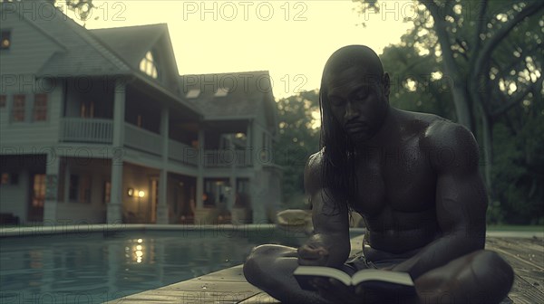 A contemplative black muscular man reading a book by the pool at dusk, with a luxurious house in the background, AI generated