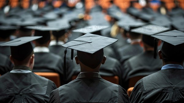 A rear view of graduates in caps and gowns attending a formal academic graduation ceremony in university campus, AI generated