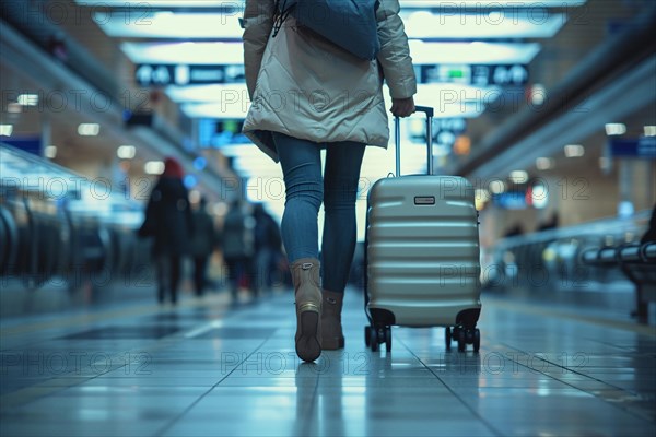 Rear view of traveler with suitcase walking through an airport corridor, AI generated