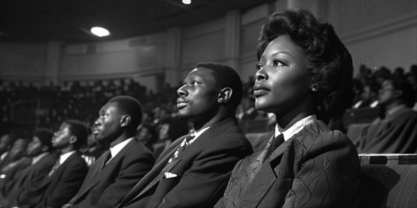 African american audience dressed in formalwear from the 1960s attentively watches an event, AI generated