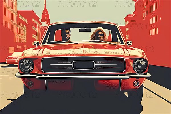 View from the front of a classic red car driving in the city with two passengers, illustration, AI generated