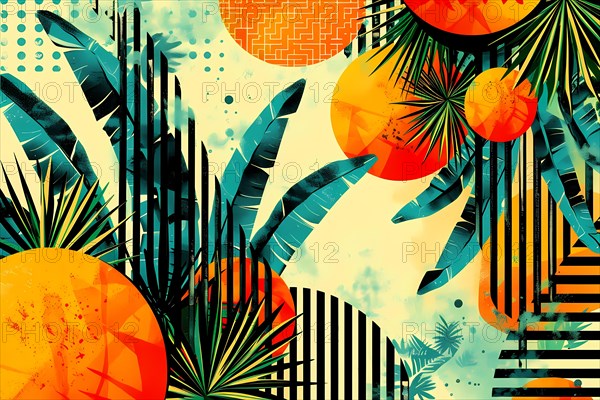 Modern tropical design with bright colors and abstract shapes depicting palm trees, illustration, AI generated