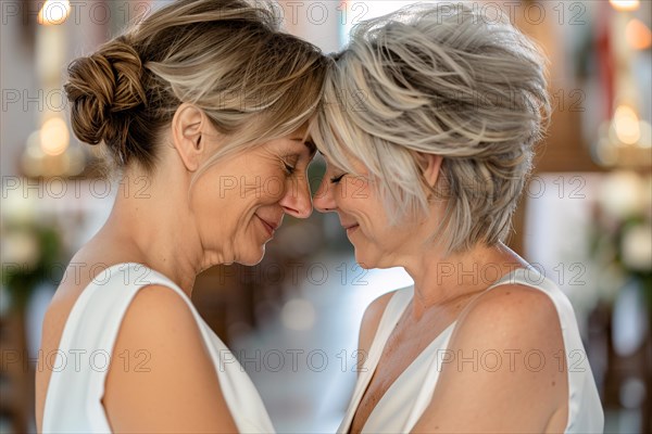 Portrait of middle-aged couple of lesbian brides in wedding dresses. KI generiert, generiert, AI generated