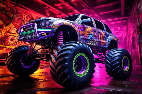 Monster truck illuminated by neon lights, excitement and thrill of an extreme sport and entertainment monster truck stunts racing show, AI generated