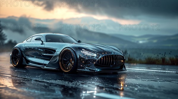 Silver black gold luxury hybrid coupe on a rain-soaked road at dusk, AI generated