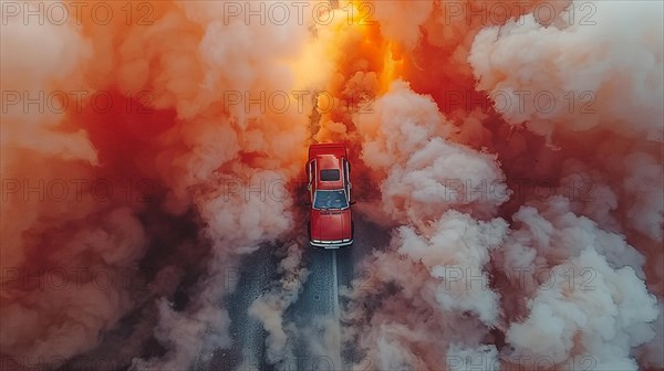 Car engulfed in a dramatic explosion of orange smoke and flames, creating an abstract scene, drone aerial view, AI generated