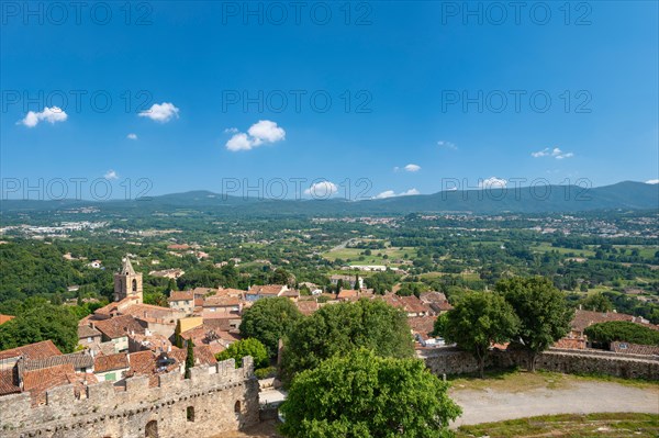 View from Grimaud Castle over the village of Grimaud, in the background the hills of the Massif des Maures, Grimaud-Village, Var, Provence-Alpes-Cote d'Azur, France, Europe