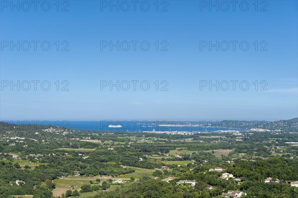 Landscape with view of the Gulf of Saint-Tropez from Grimaud Castle, Grimaud-Village, Var, Provence-Alpes-Cote d'Azur, France, Europe