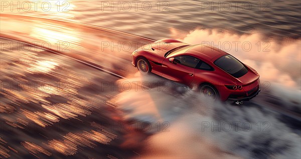 A red sports car in motion against a dynamic sunset landscape, showing a sensation of speed, AI generated