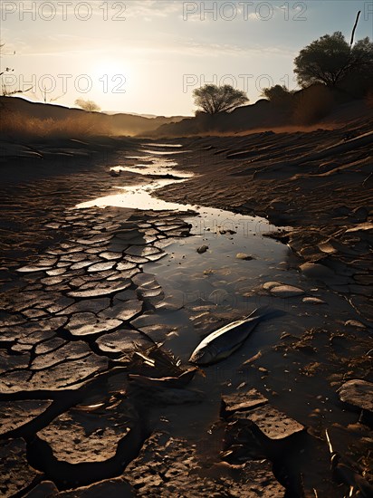 Dry riverbed with scattered dead fish under a harsh afternoon sun illustrating water scarcity, AI generated