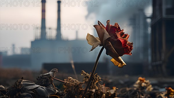 Wilted flower against a backdrop of industrial smokestacks, AI generated