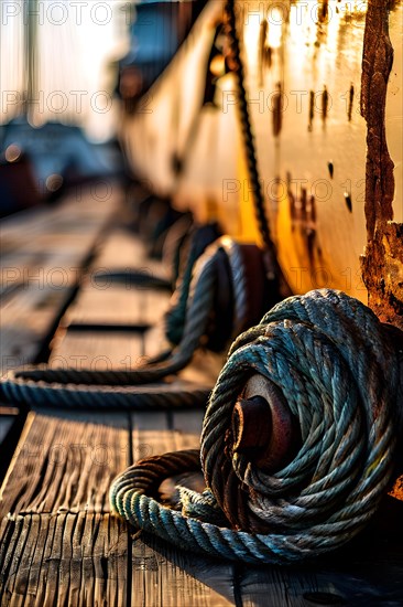 Ropes and bollards securing a ship at the dock at morning, AI generated