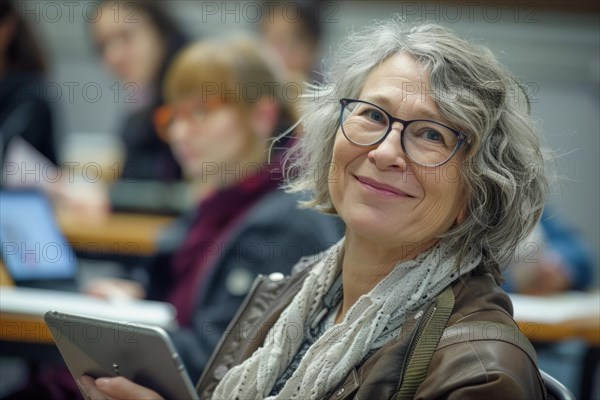 A woman of advanced age, senior citizen, sitting with a digital tablet in a course room, training room, symbol image, digital teaching, learning environment, adult education centre, course, training course, learning in old age, media skills in old age, eLearning, media education, AI generated, AI generated, AI generated