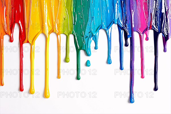 Thick acrylic or oil paint colors dripping from white wall. KI generiert, generiert, AI generated