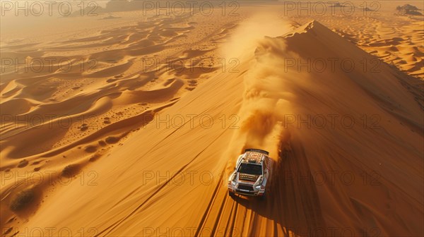A car driving over a sand dune ridge in the desert, generating a long dust trail, action sports photography, AI generated