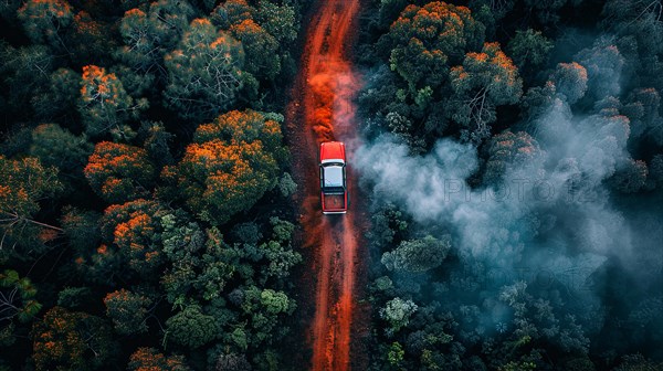 A red SUV driving on a misty dirt red muddy road surrounded by a dense green forest, action sports photography, AI generated