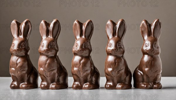 Row of chocolate bunnies in symmetrical arrangement, Easter symbol, AI generated, AI generated