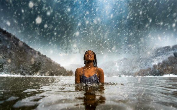 A young pretty woman bathes in an ice-cold lake in snowfall, AI generated, AI generated