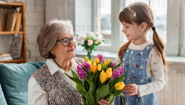 A little girl presents an older woman with a bouquet of colourful tulips, AI generated, AI generated