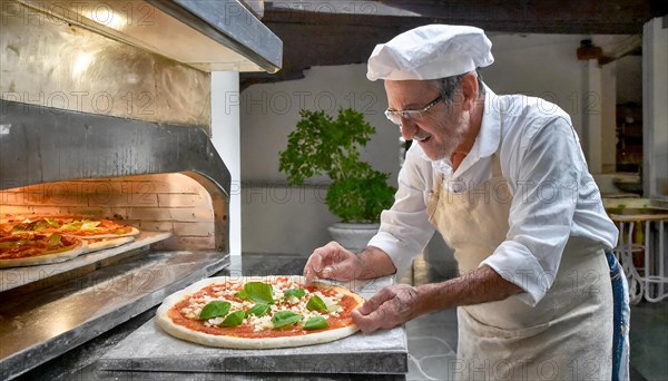 Pizza baker in Naples, Italy, preparing a pizza, in front of the pizza oven, AI generated, AI generated, Europe