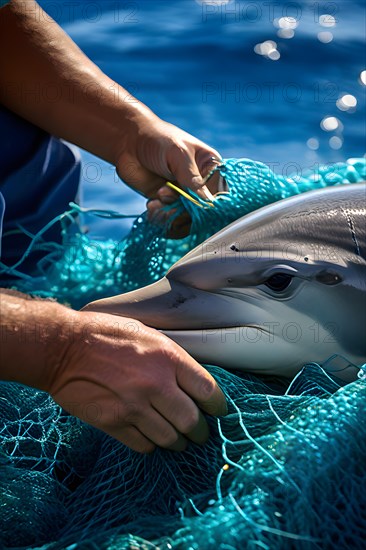 Fisherman's rough hands meticulously disentangling a young dolphin from a fisher net, AI generated, deep sea, fish, squid, bioluminescent, glowing, light, water, ocean