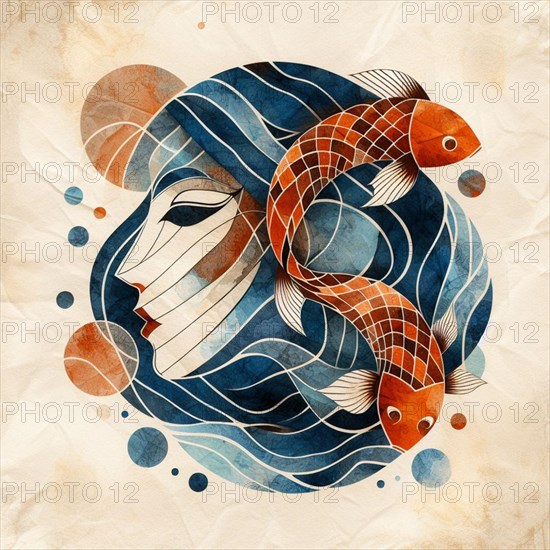 Abstract art of a woman's face entwined with orange fish among blue hues and circles, square aspect, AI generated