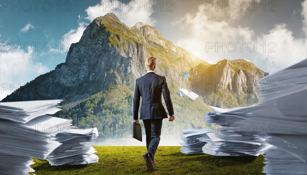 A businessman throws papers behind him as he walks through a mountain landscape, symbol bureaucracy, AI generated, AI generated