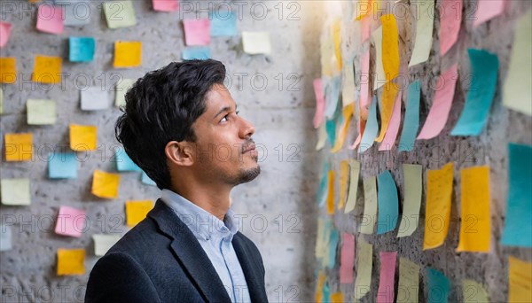 A young man stands thoughtfully in front of a wall of post-it notes in the office, symbolising bureaucracy, AI generated, AI generated