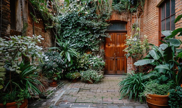 A serene hidden garden entrance with lush greenery over a brick wall AI generated