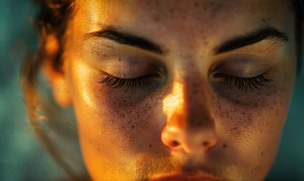 Close-up of a person with closed eyes in warm, tranquil lighting AI generated