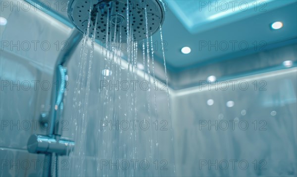 Water droplets falling from a showerhead in a bathroom with blue lighting AI generated