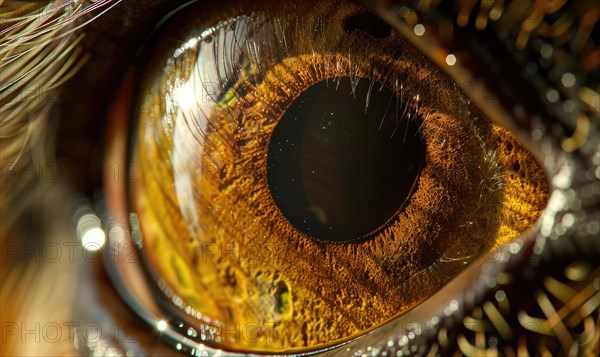 Macro shot of an animal's eye with blue hue surrounded by eyelashes. AI generated