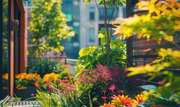 A balcony overflowing with colorful flowers and greenery in an urban environment AI generated