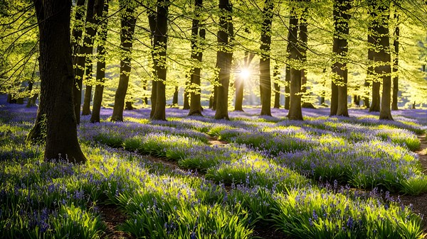 Forest path winding through a thick carpet of bluebells, AI generated