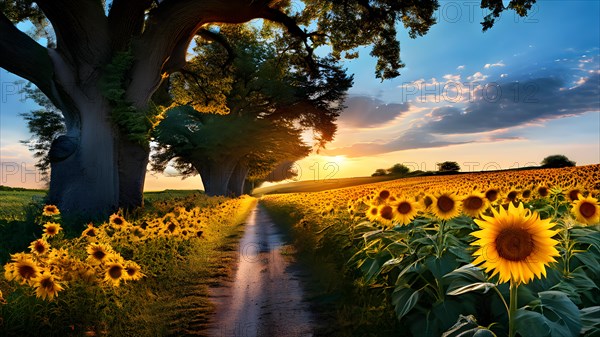Sunflower fields in full bloom bordering a serene countryside road with towering ancient oak trees, AI generated