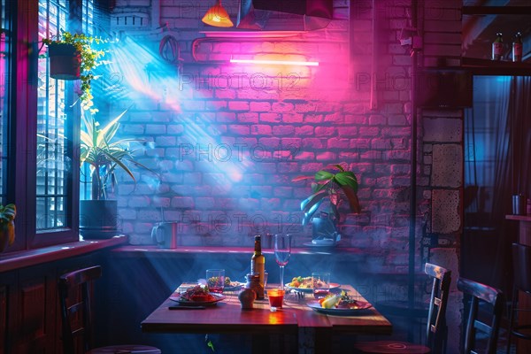 Restaurant interior bathed in neon lights creating a vibrant, atmospheric dining space, AI generated