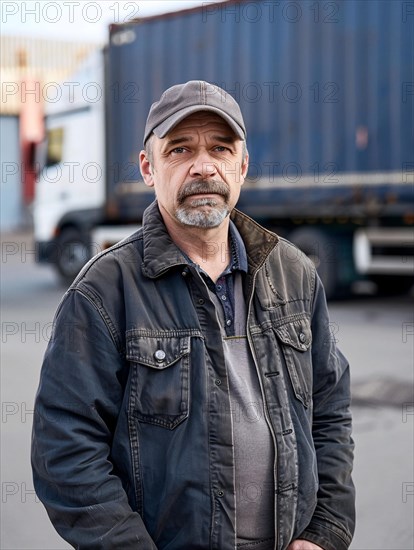 Rugged blue-collar worker standing outdoors with a serious expression against a backdrop of shipping containers, AI generated
